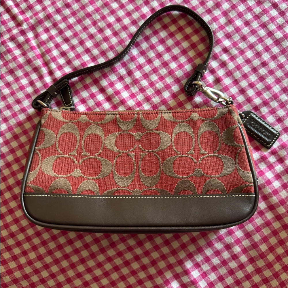 Vintage Coach Y2K Baguette Red and Brown Jacquard and Chocolate Leather Mini Bag